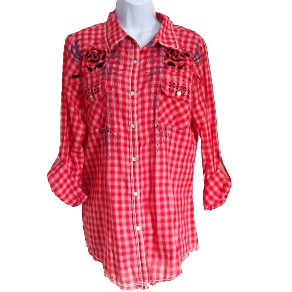 Roar Womens Red Checkered Long Sleeve Full Snap Western Cowgirl Shirt